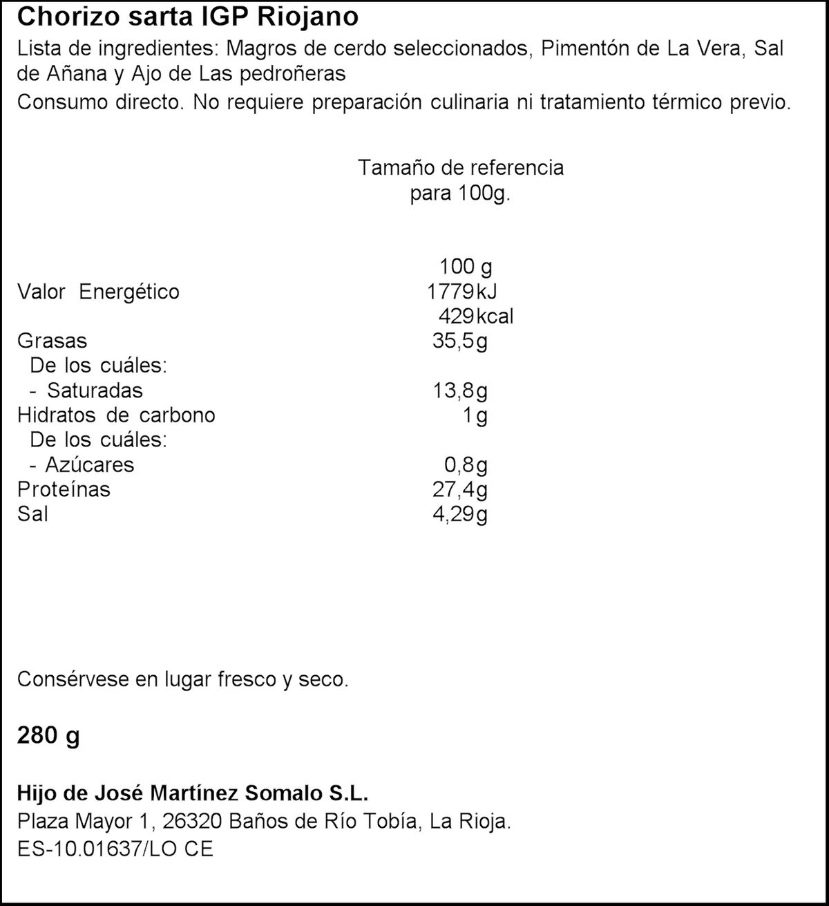 Chorizo sarta extra 100% natural La Gloria Riojana 280g