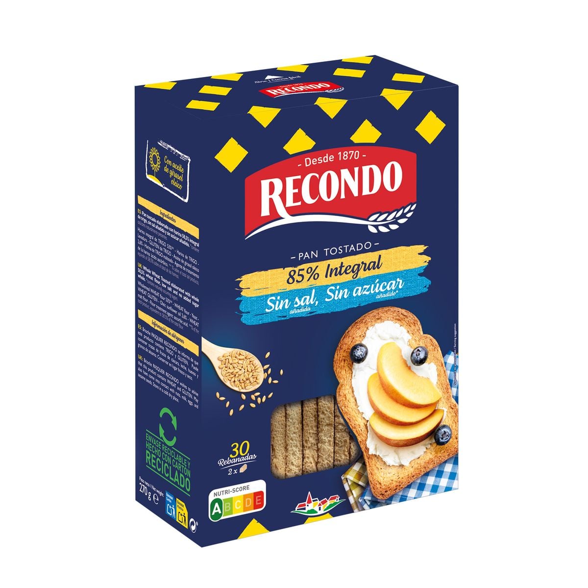 Pan tostado integral Recondo bajo en sal 30 rebanadas