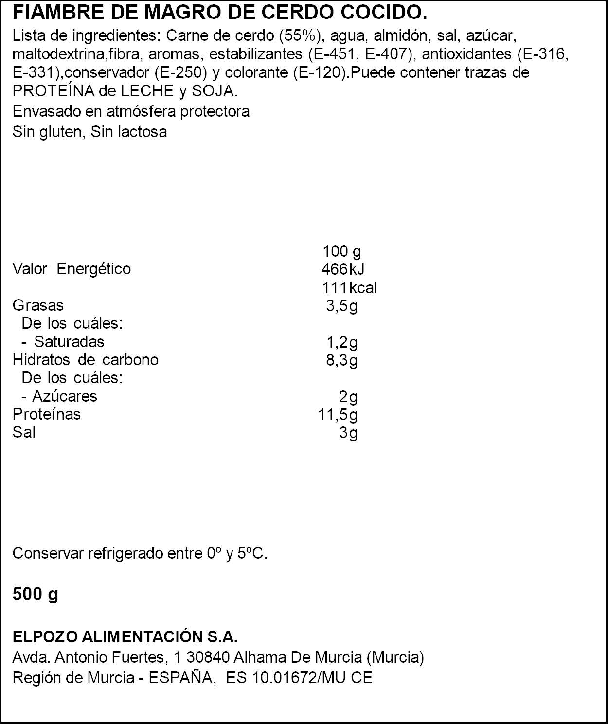 Fiambre maxi york sin lactosa 500 g Ricura