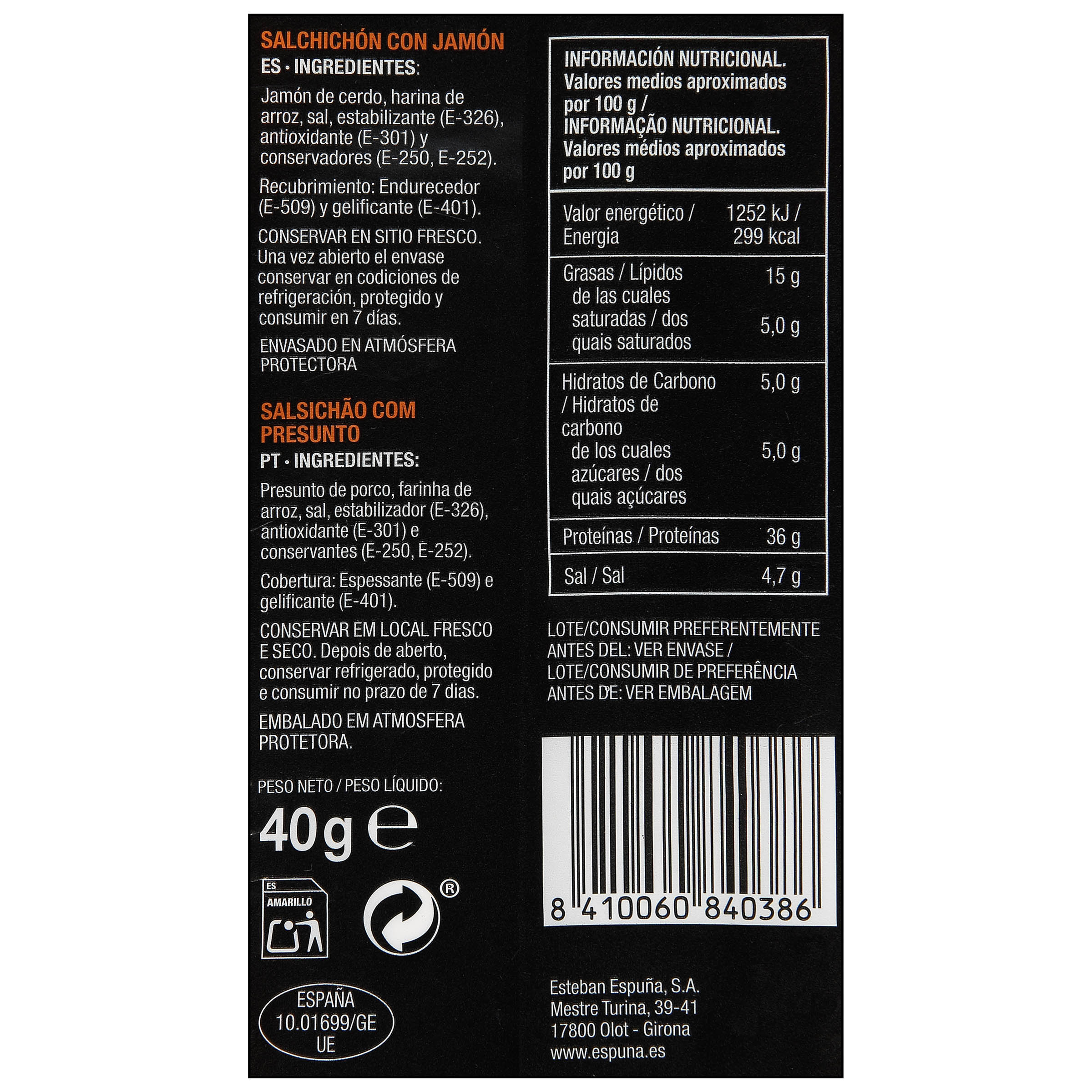 Jamón cañitas Minuets Espuña 40g