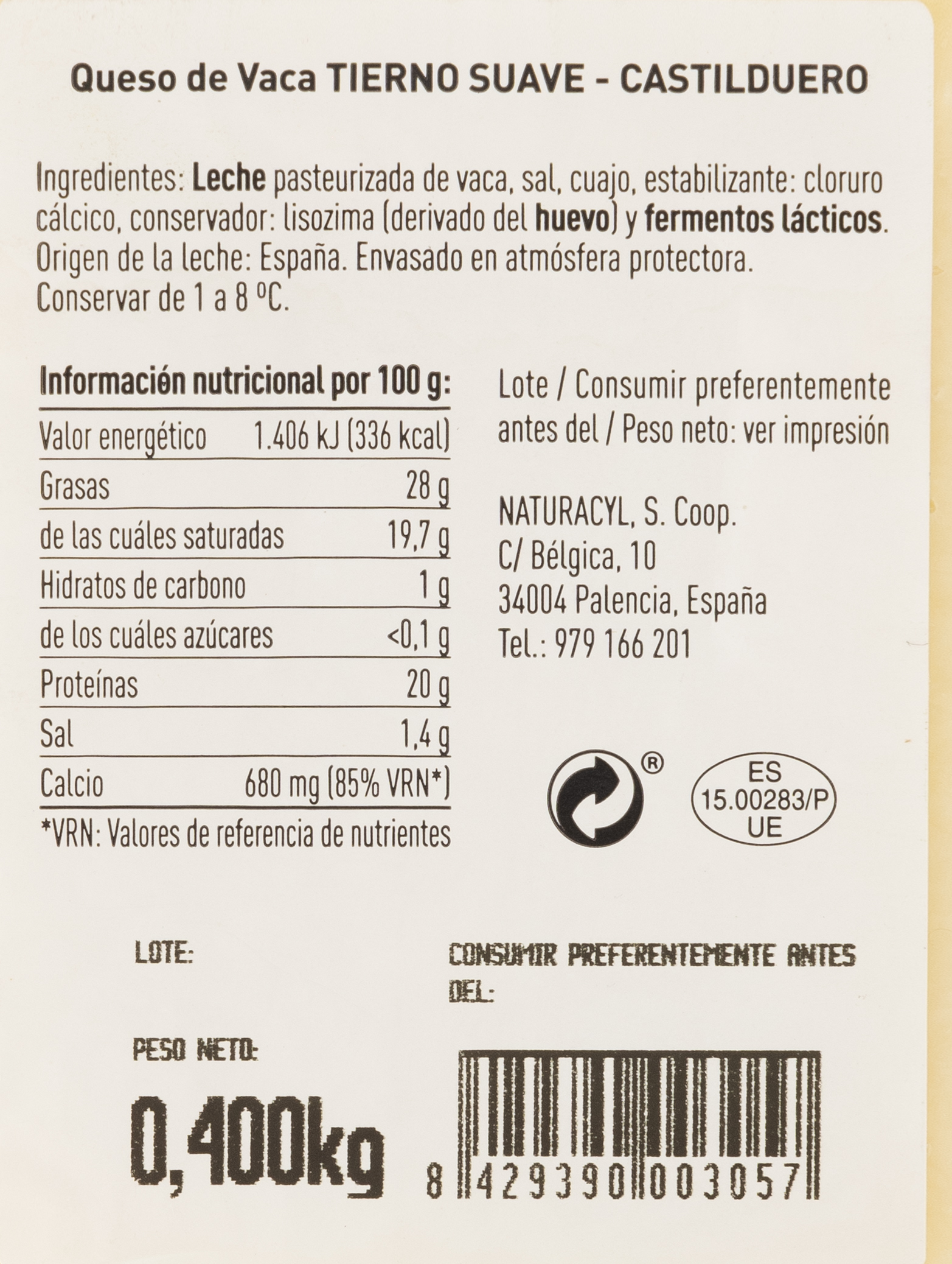 Queso vaca tierno en cuña Castilduero 400 gr.