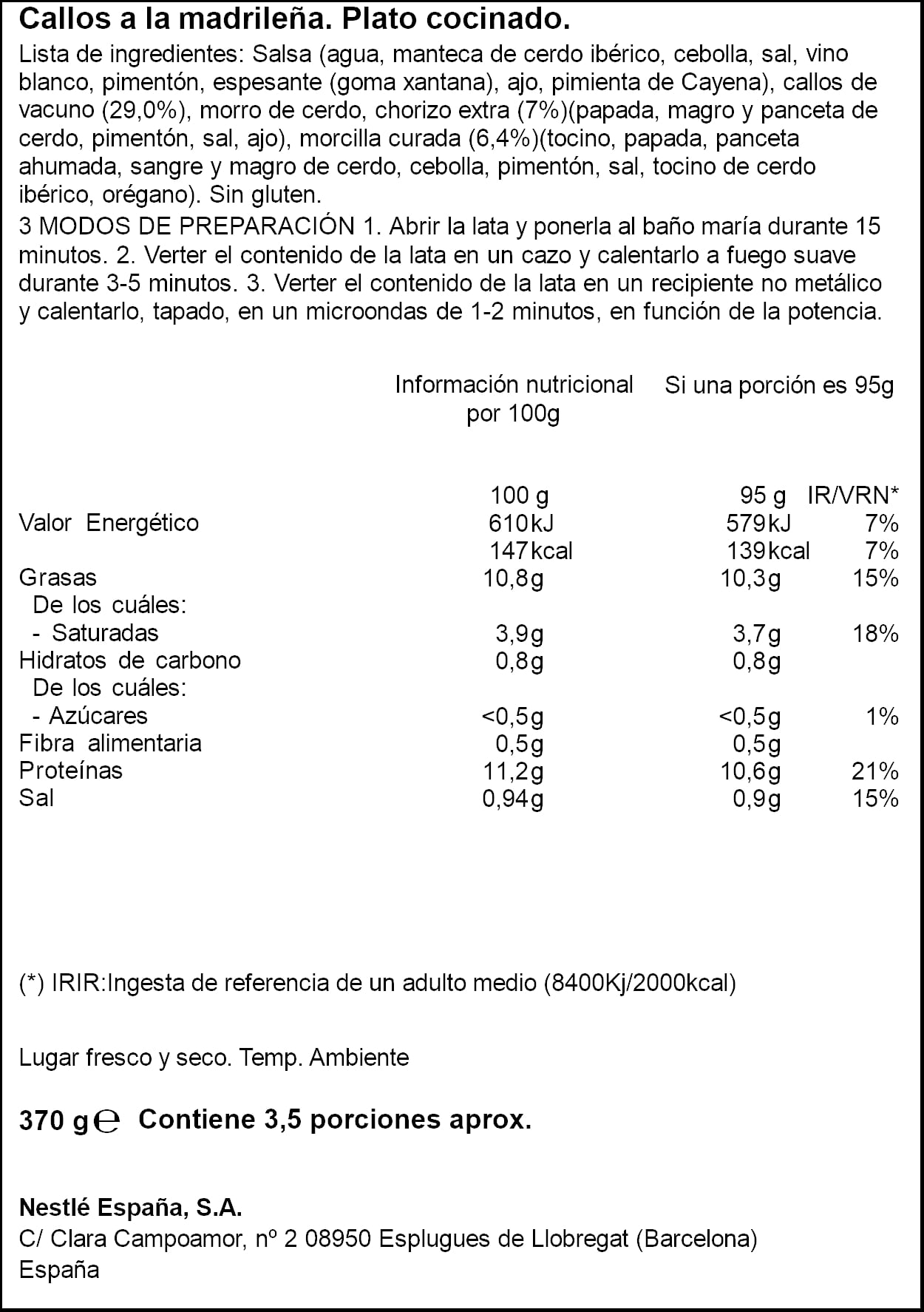 Callos a la madrileña Litoral 370g