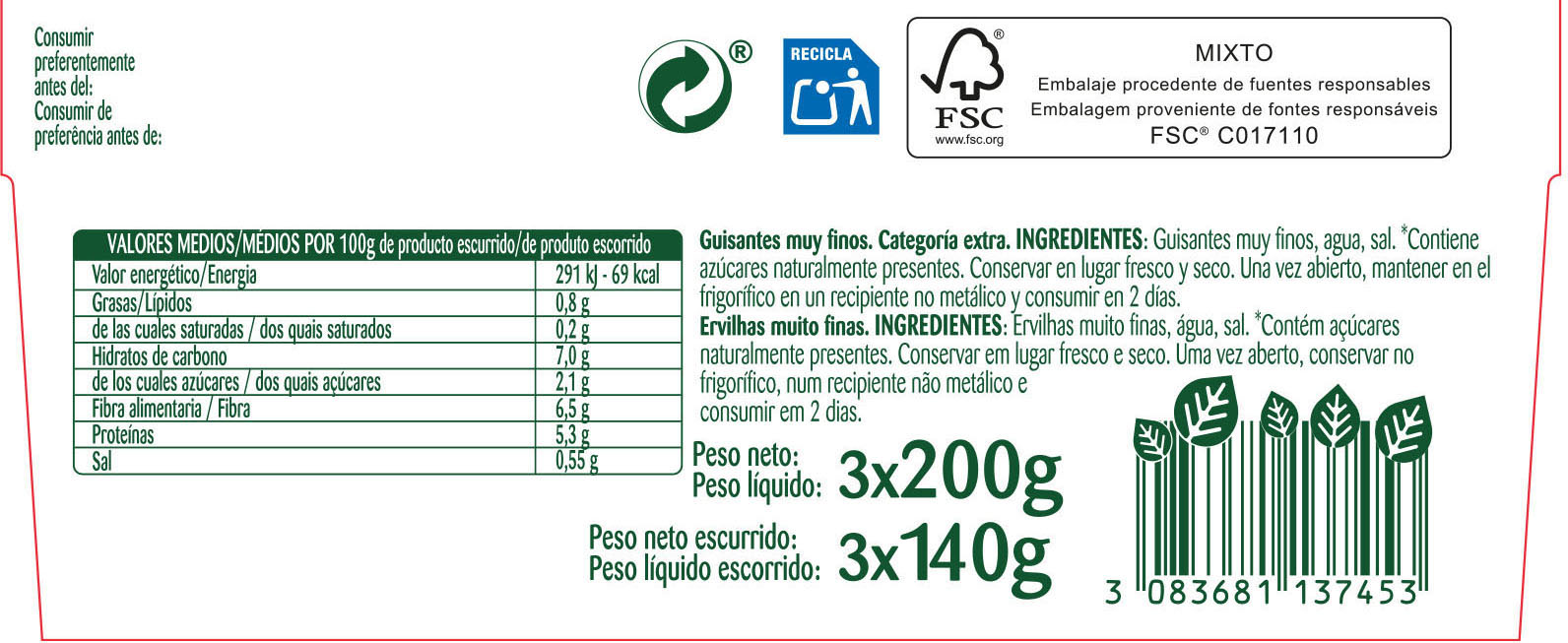 Guisantes Bonduelle pack 3 natural