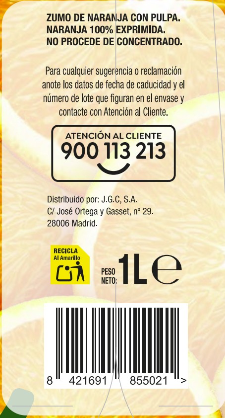 Zumo de naranja 100% exprimida con pulpa Aipende 1L