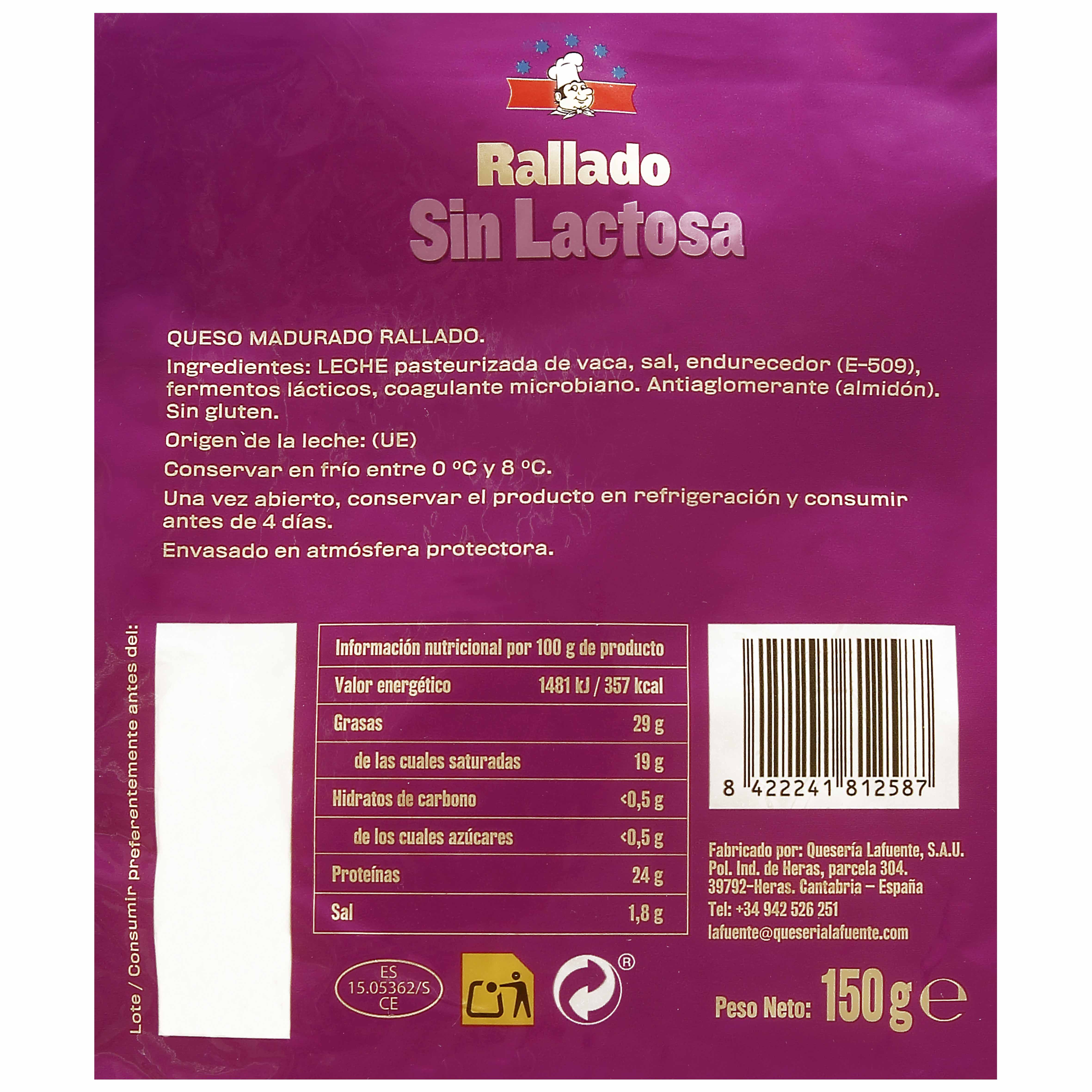 Queso rallado sin lactosa La Tapería 200g