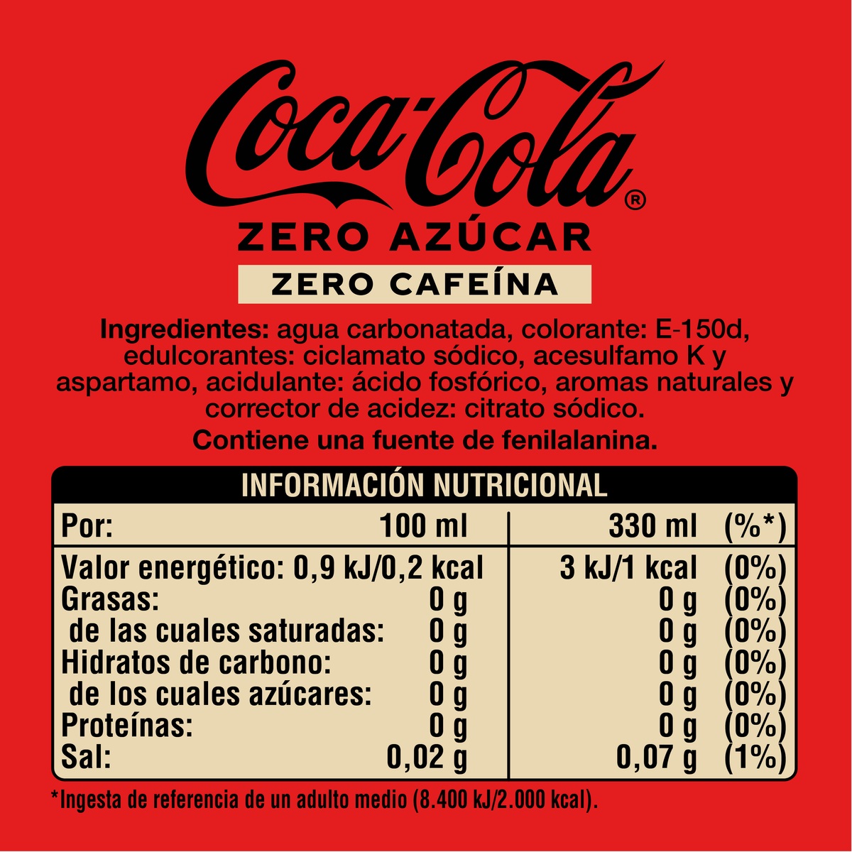 Refresco cola Coca-Cola 33cl pack lata 12 zero azúcar zero cafeína