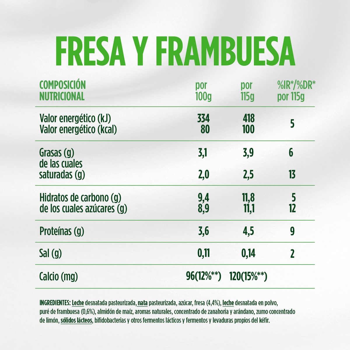 Kéfir cremoso y suave con sabor a fresa y frambuesa Danone 100 gramos