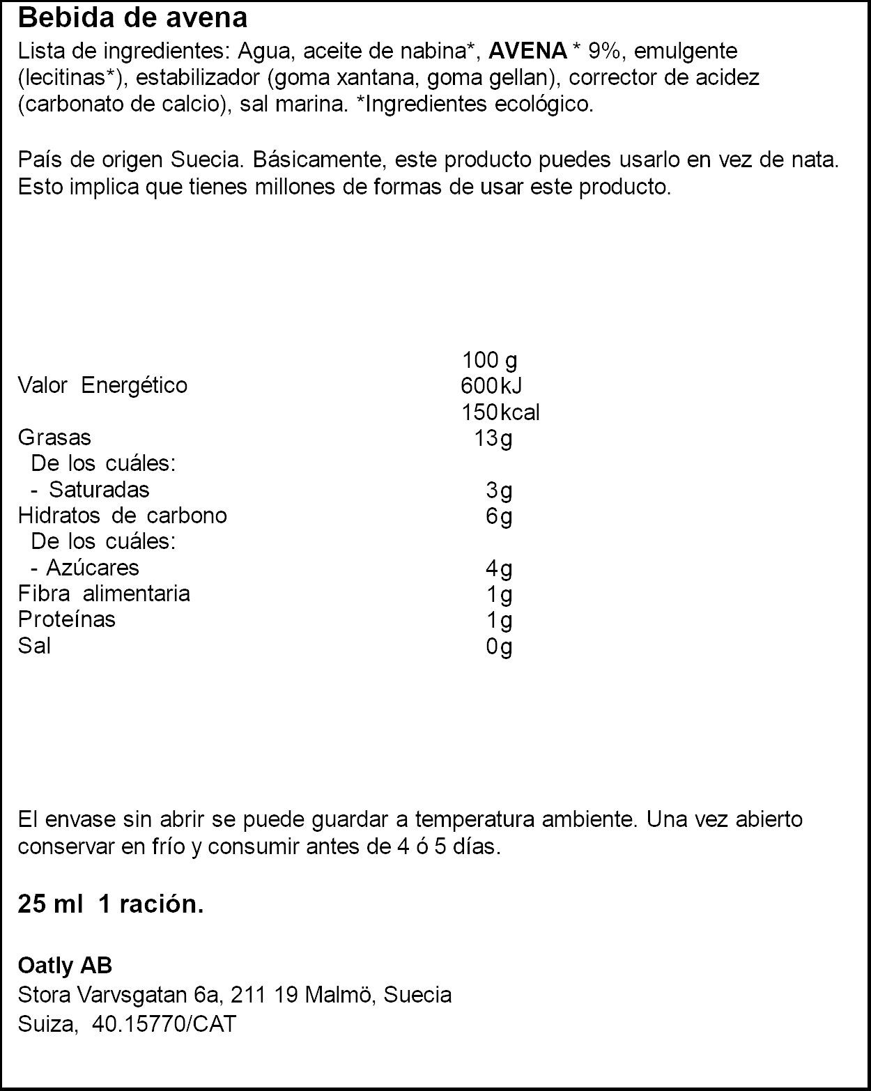 Crema de avena para cocinar bio Oatly 250 ml