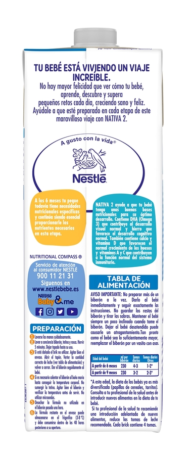 Nestlé Nativa 2- Leche de continuación liquida para bebés a partir de los 6  meses. 6 bricks de 1 litro. : : Alimentación y bebidas