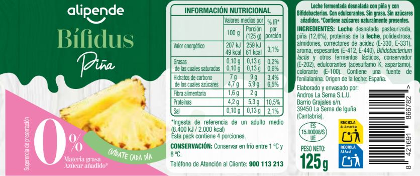 Yogur bifidus 00% sin azúcar añadido con piña Alipende pack 4