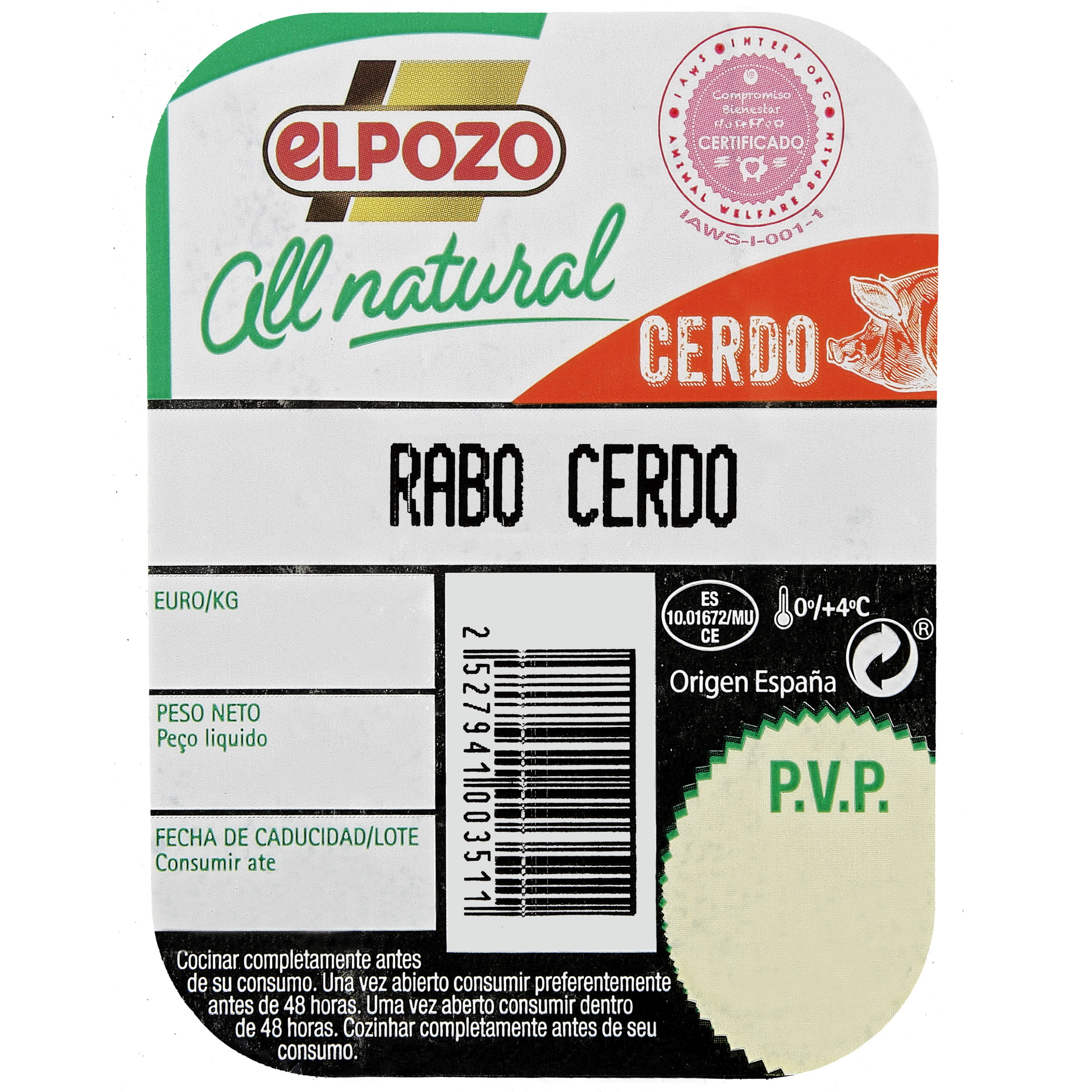 Rabo de cerdo All Natural ElPozo bandeja 200g aproximadamente