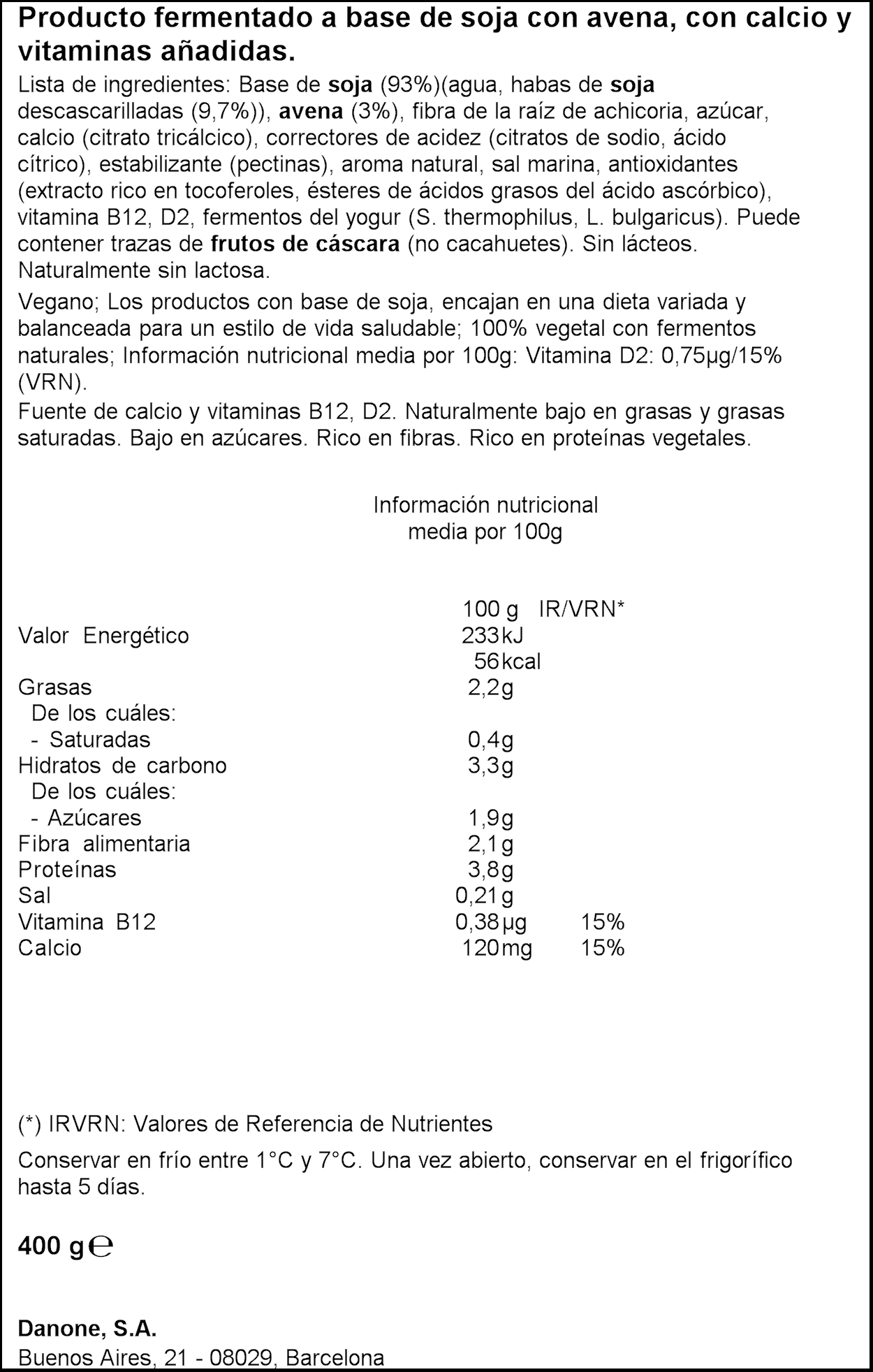 Postre Alpro Danone 400G Avena
