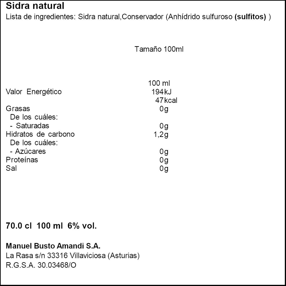Sidra natural Manuel Busto 70cl