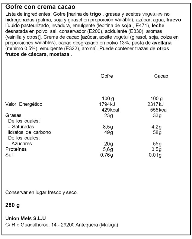 Gofre con crema de cacao Mels 280 g