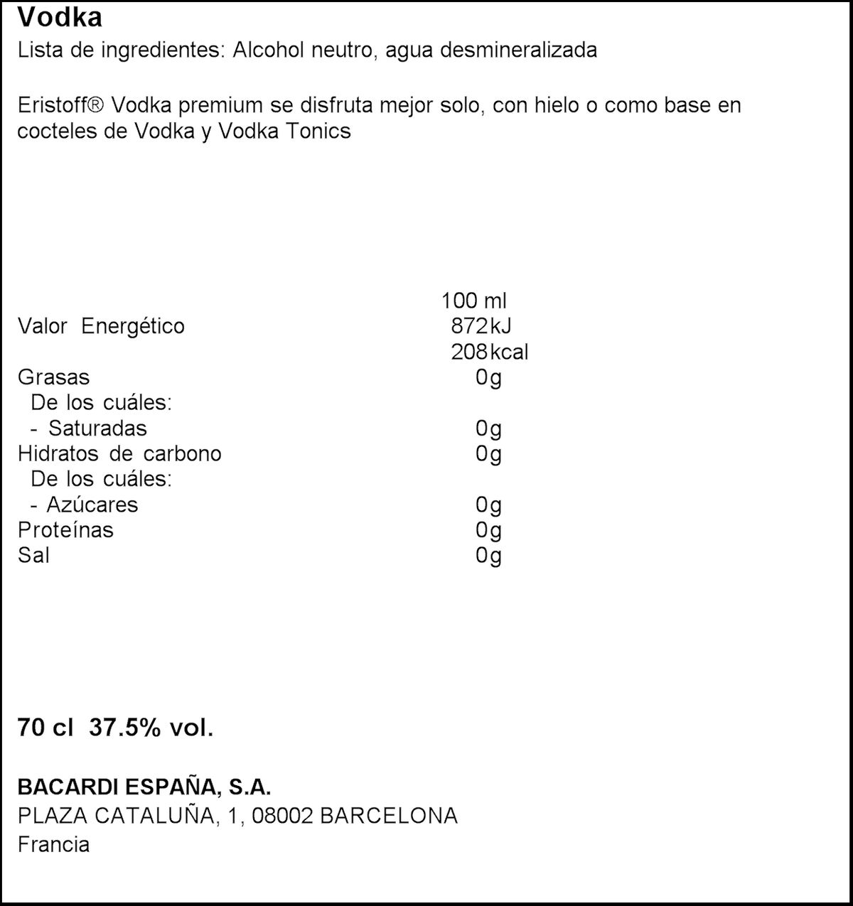 Vodka Eristoff 70cl