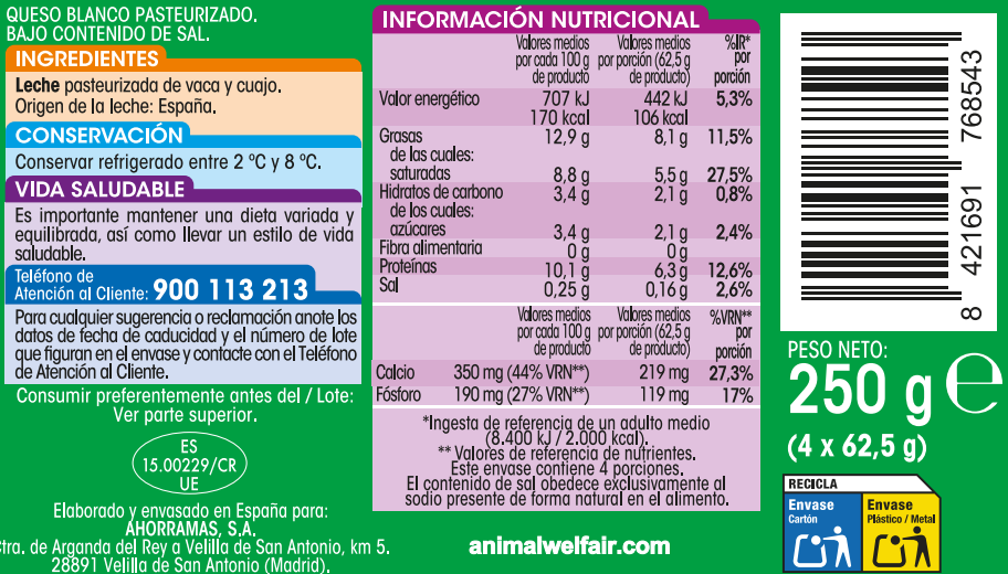 Queso blanco sin sal Alipende pack 4 uds