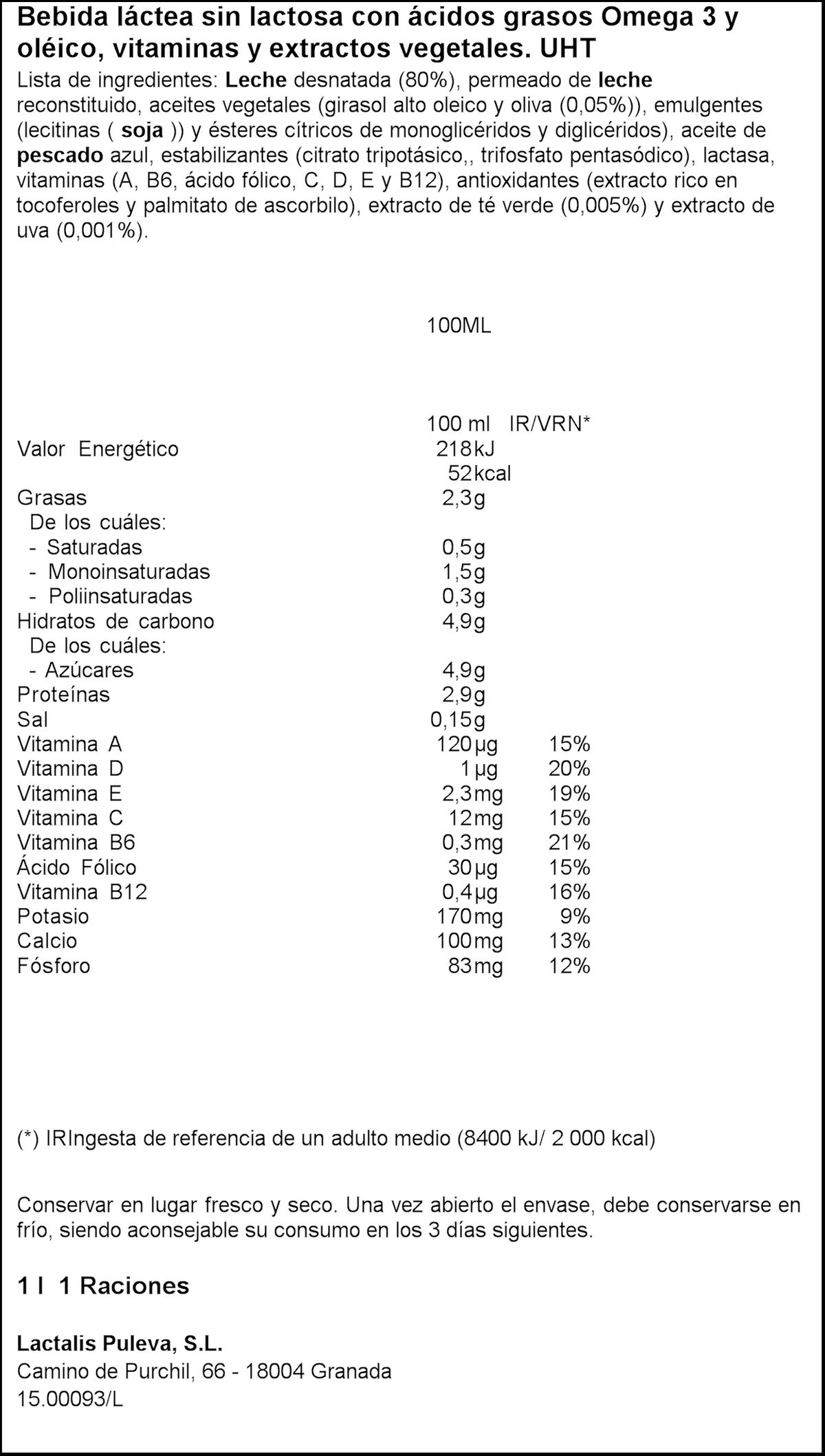Bebida láctea sin lactosa Puleva 1l omega3