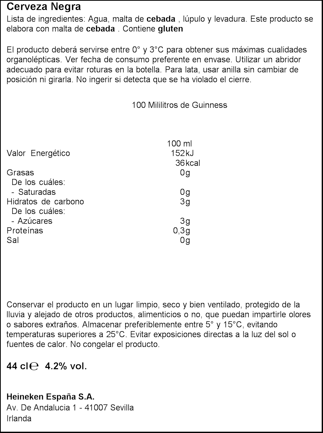 Cerveza negra Draught Guinness 44cl