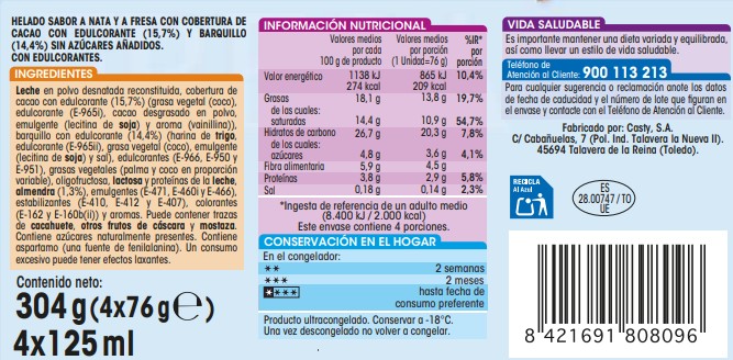 Helado cono sin azúcar Alipende nata fresa 4 uds