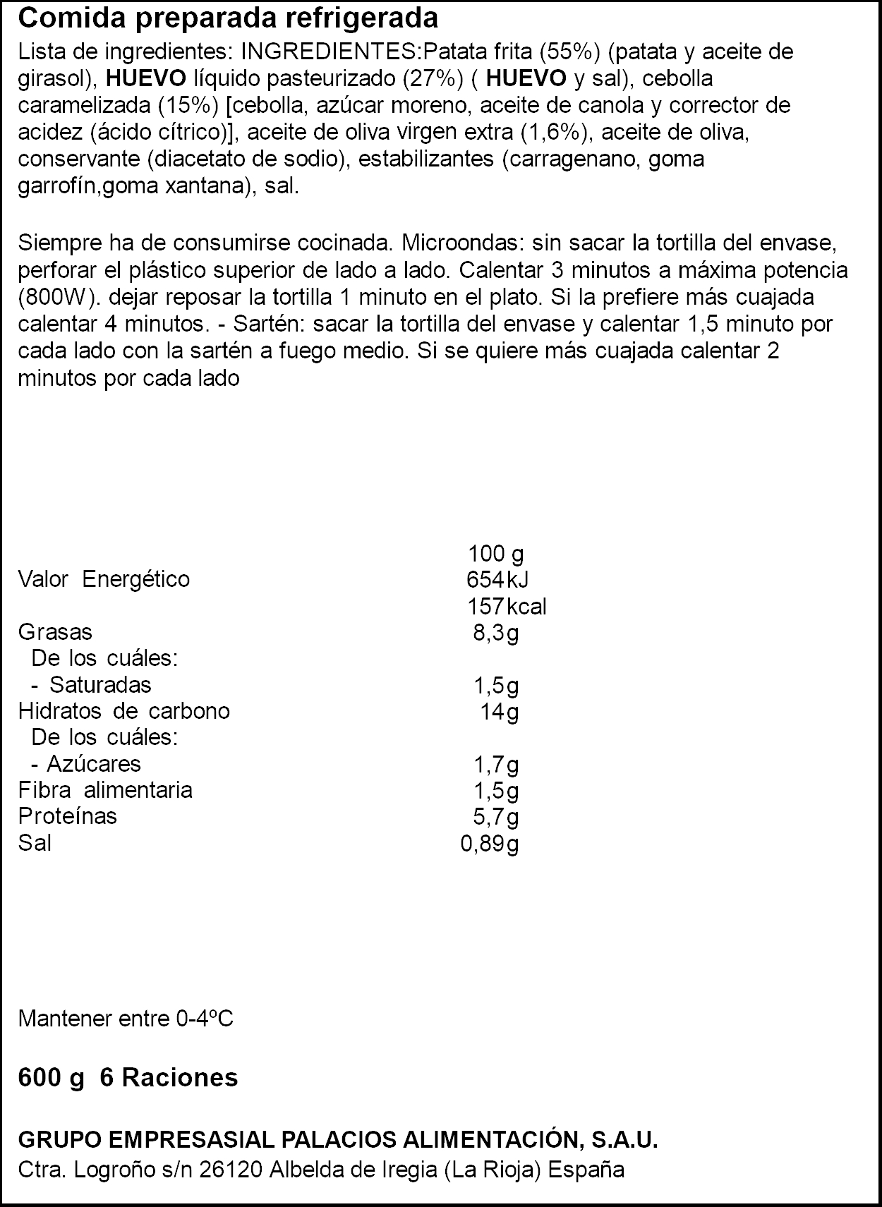 Tortilla de patata con cebolla caramelizada Palacios 600g