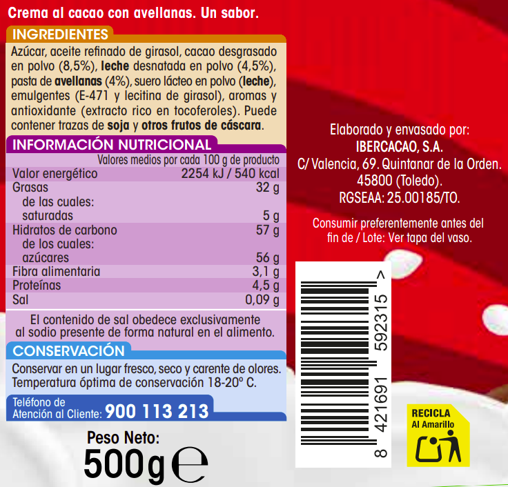 Crema de cacao y avellana Alipende 500g