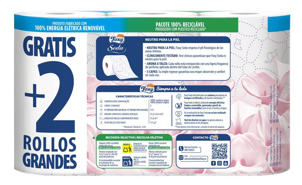 Papel higiénico Foxy 4+2 rollos seda con pH neutro para la piel y aroma a talco
