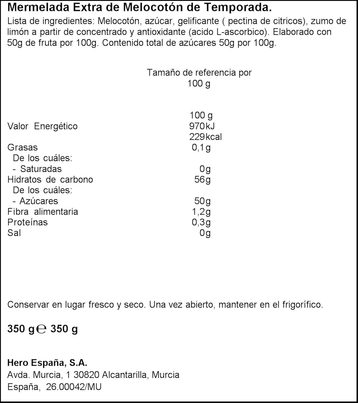 Mermelada melocotones extra de temporada Hero 350g