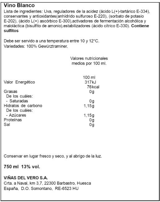 Viñas del Vero Gewürztraminer Especialidades Vino Blanco DO Somontano