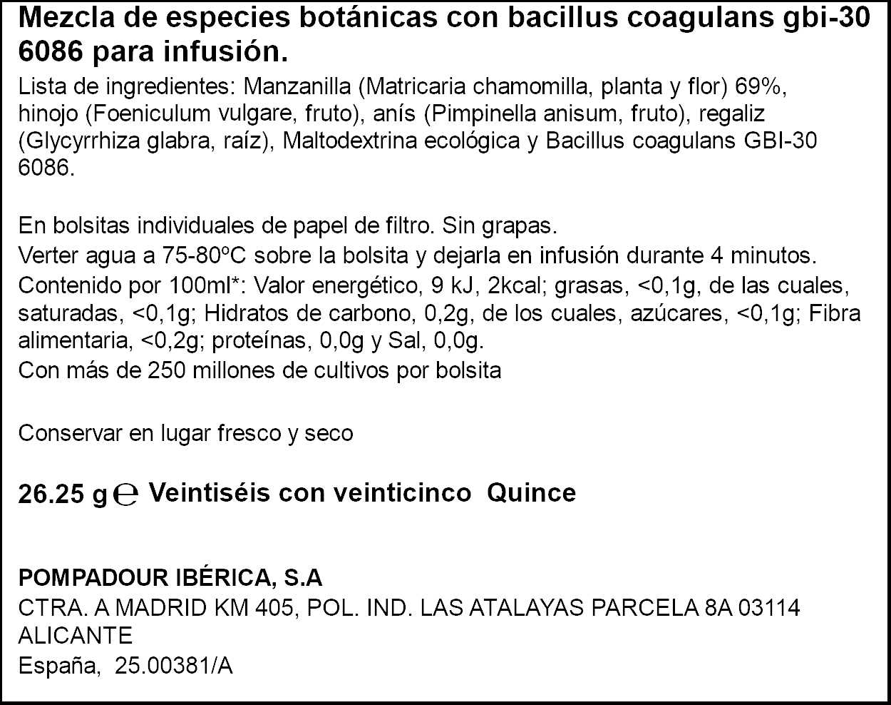 Infusión probiotic-manzanilla Pompadour 15 Unid