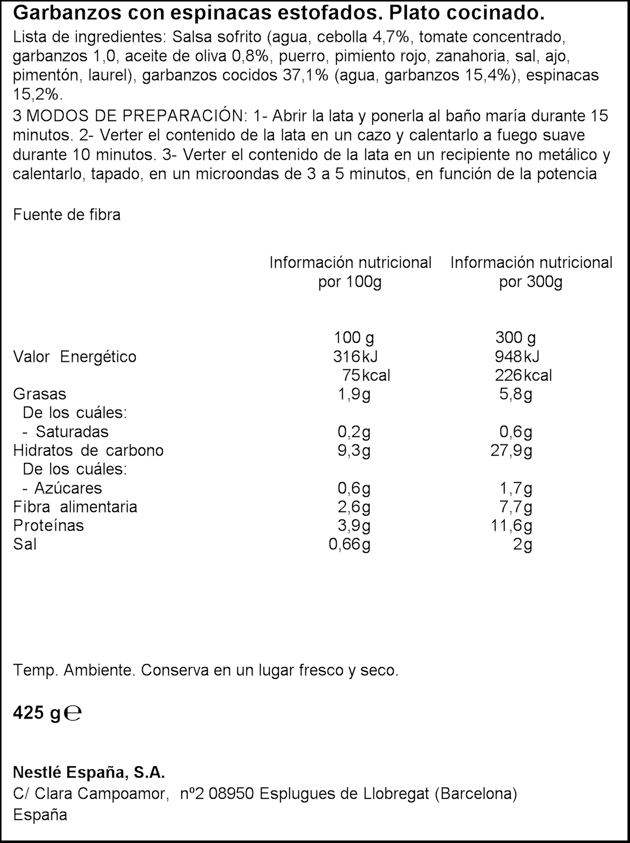 Garbanzos con espinacas Litoral 425g