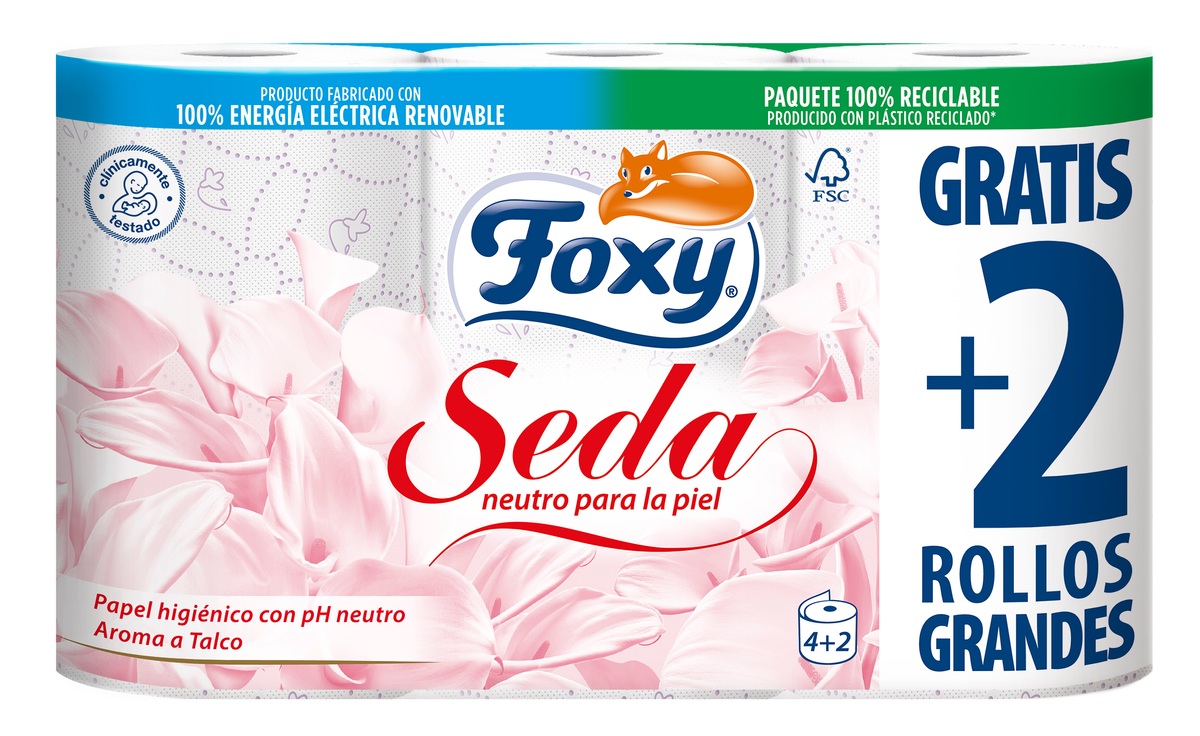Papel higiénico Foxy 4+2 rollos seda con pH neutro para la piel y aroma a talco