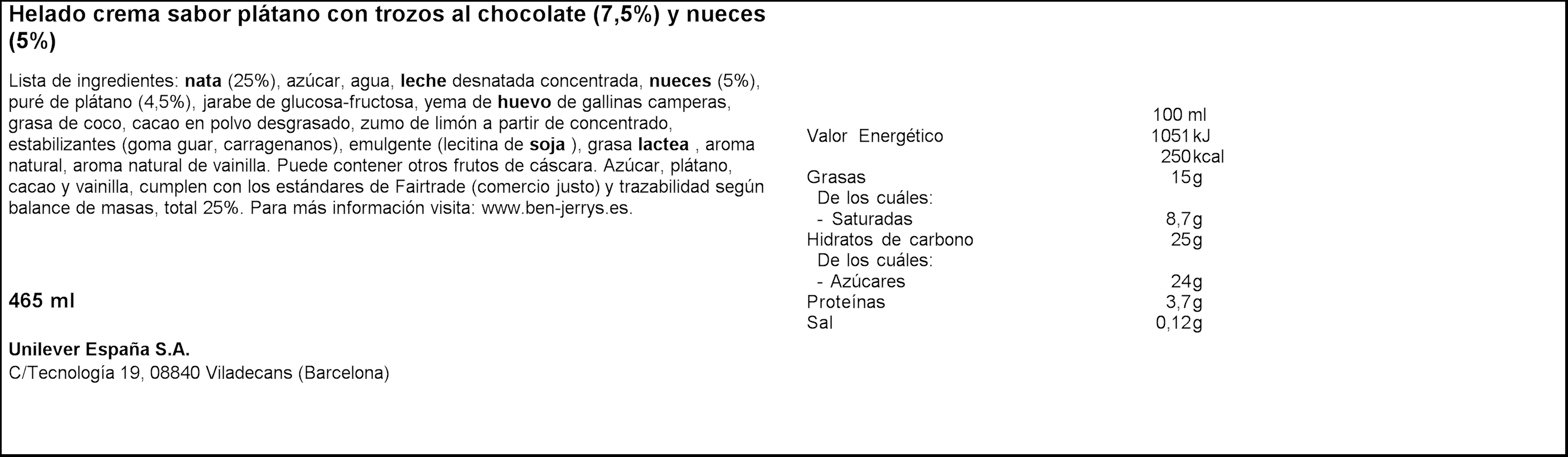 Helado Ben and Jerrys Chunky Monkey banana nueces 465ml