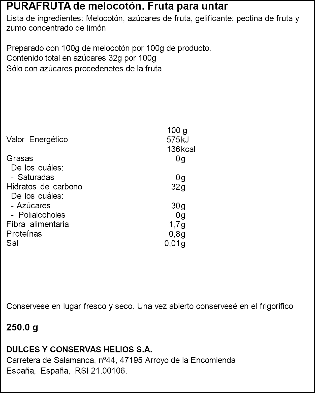 Mermelada de melocotón Purafruta Helios 250g