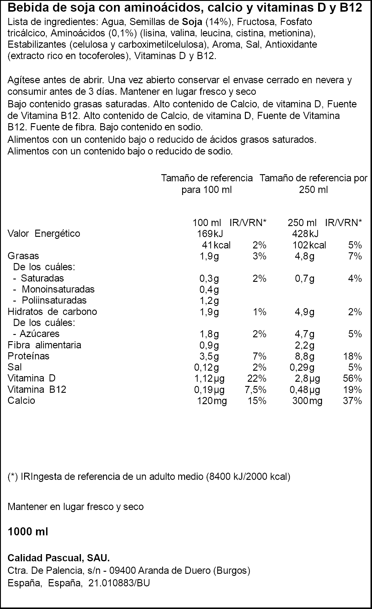 Bebida de soja con aminoácidos, calcio y vitaminas D y B12 1L