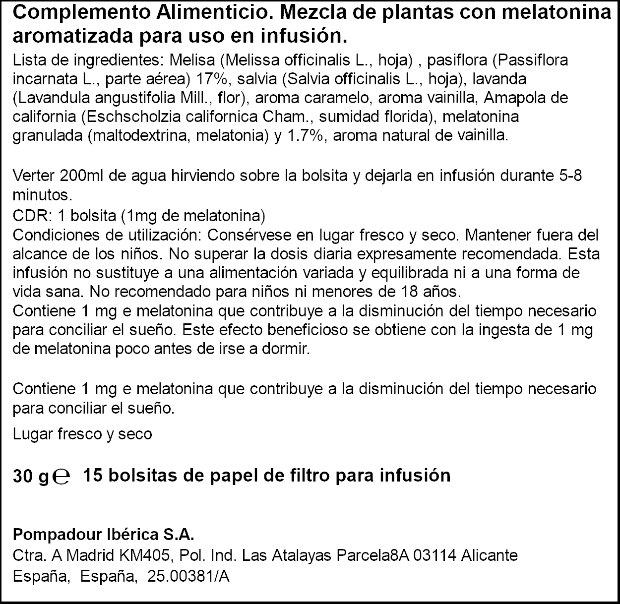 Infusión con melatonina y pasiflora Pompadour 15uds
