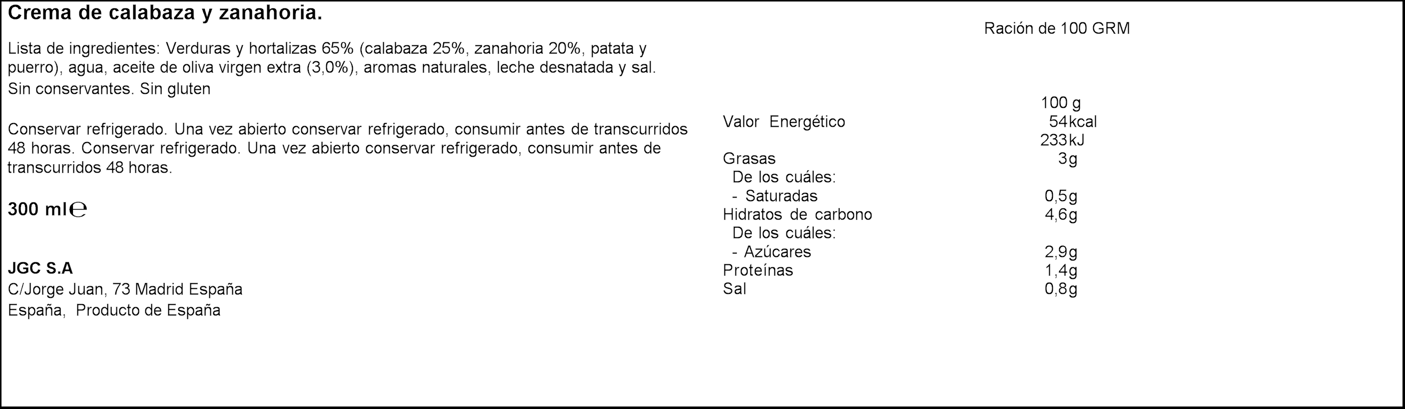 Crema calabaza y zanahoria sin gluten La Huerta 300ml