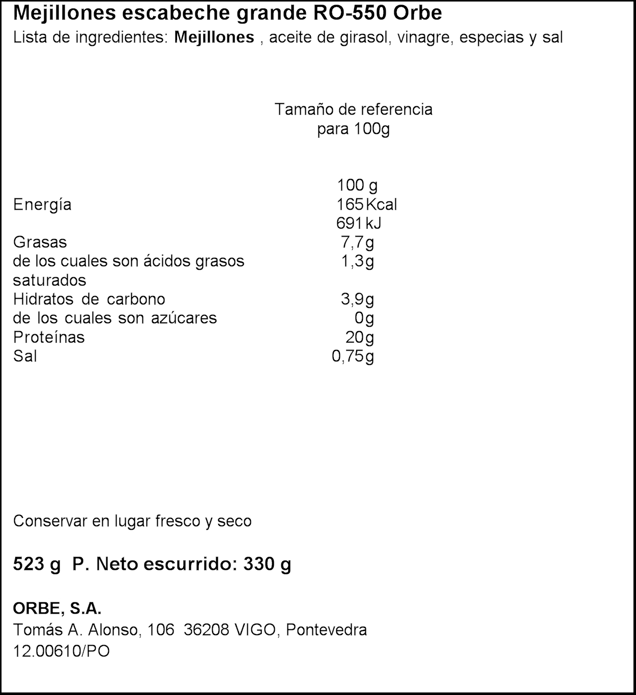 Mejillones en escabeche Orbe 330g