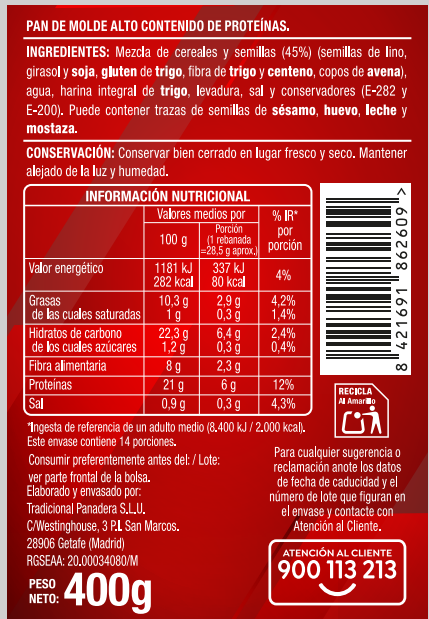 Pan de molde alto contenido en proteínas Alipende 400g