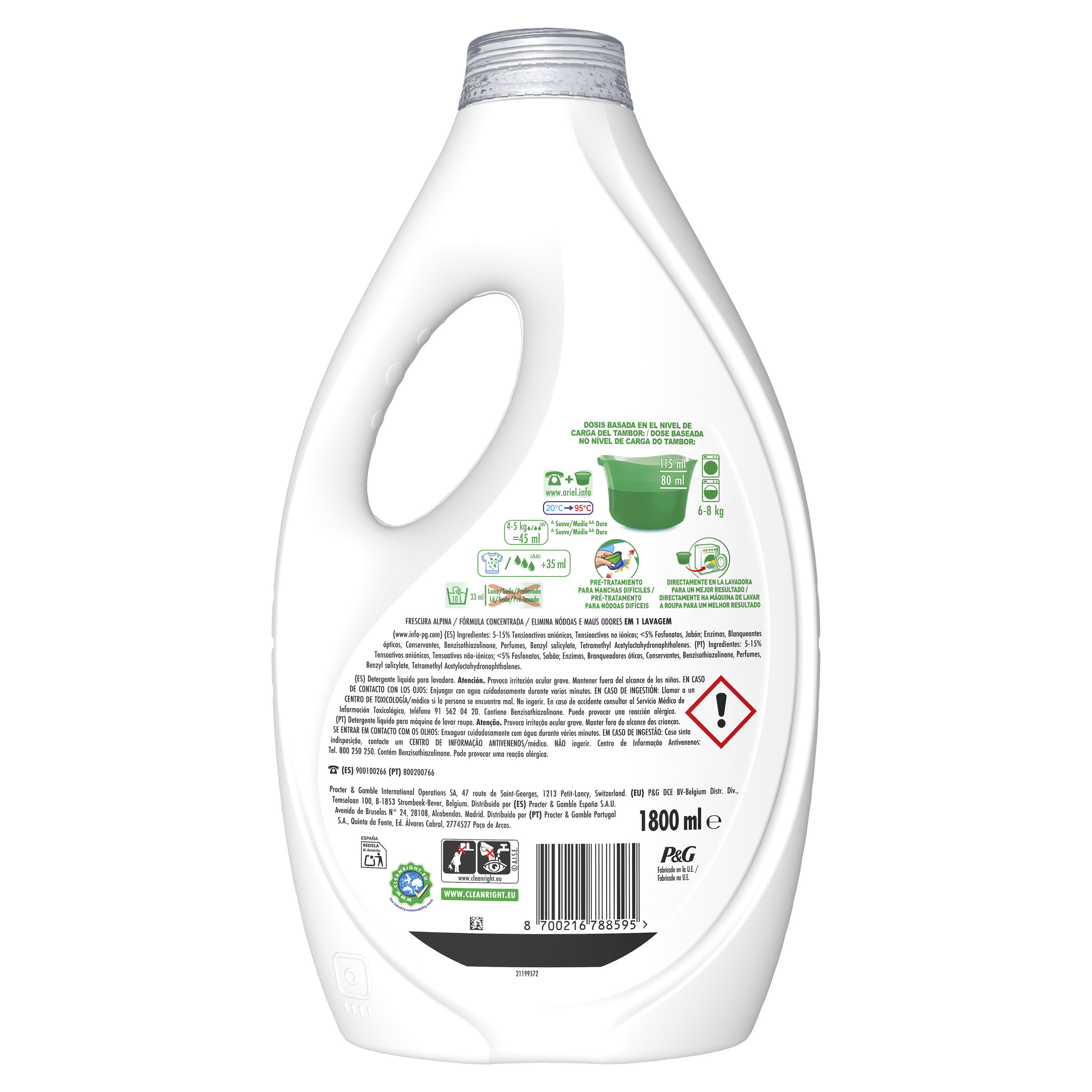 Detergente líquido Ariel 40 lavados frescor alpino elimina manchas y malos olores