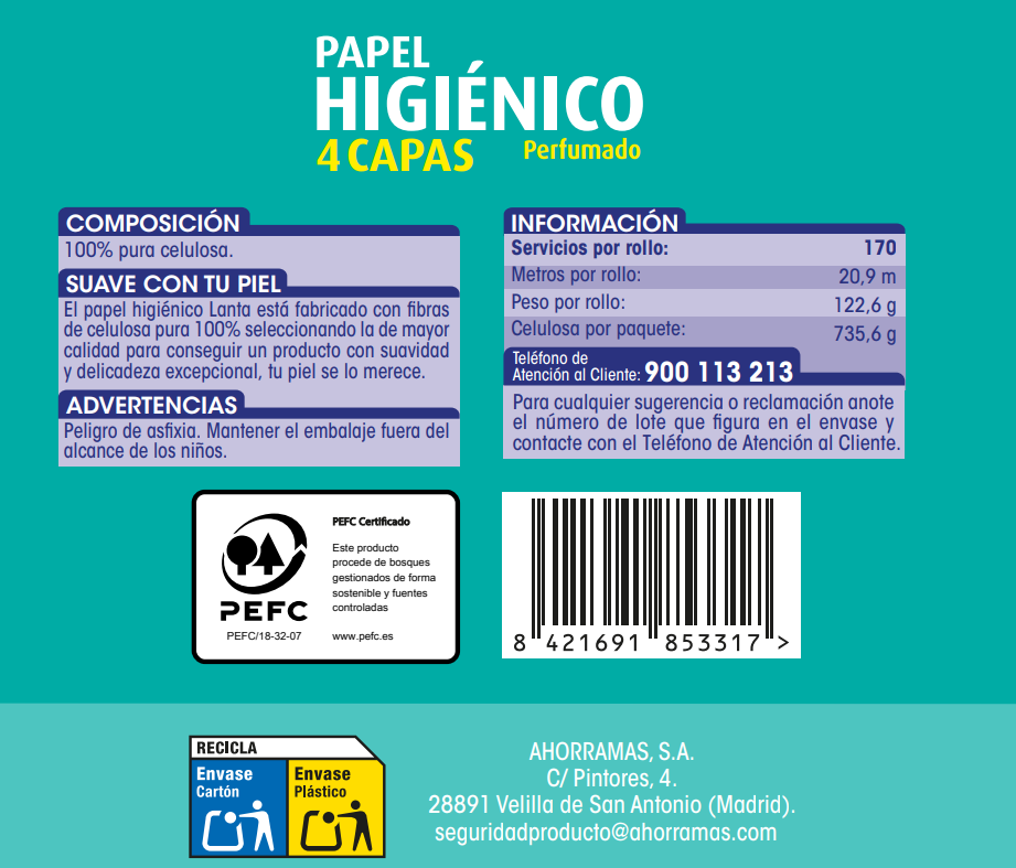 Papel higiénico Lanta 6 rollos 4 capas perfumado