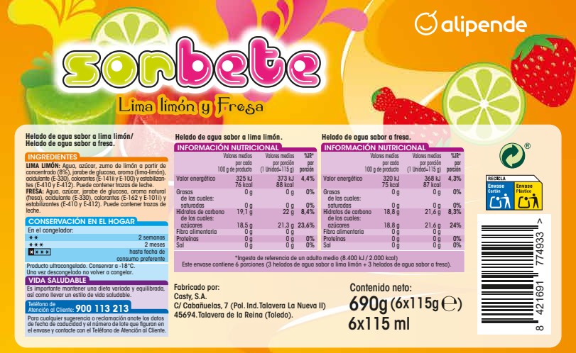 Helado sorbete Alipende lima fresa 6 uds
