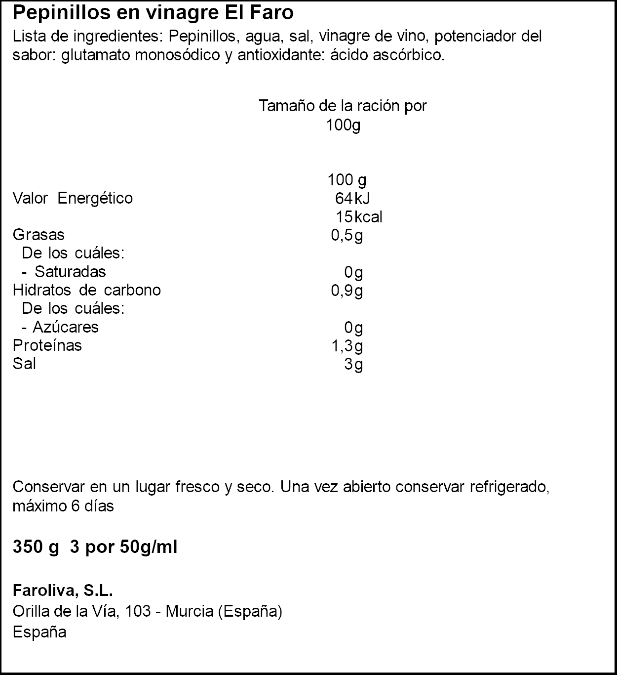 Pepinillos El Faro tarro de cristal 200g en vinagre