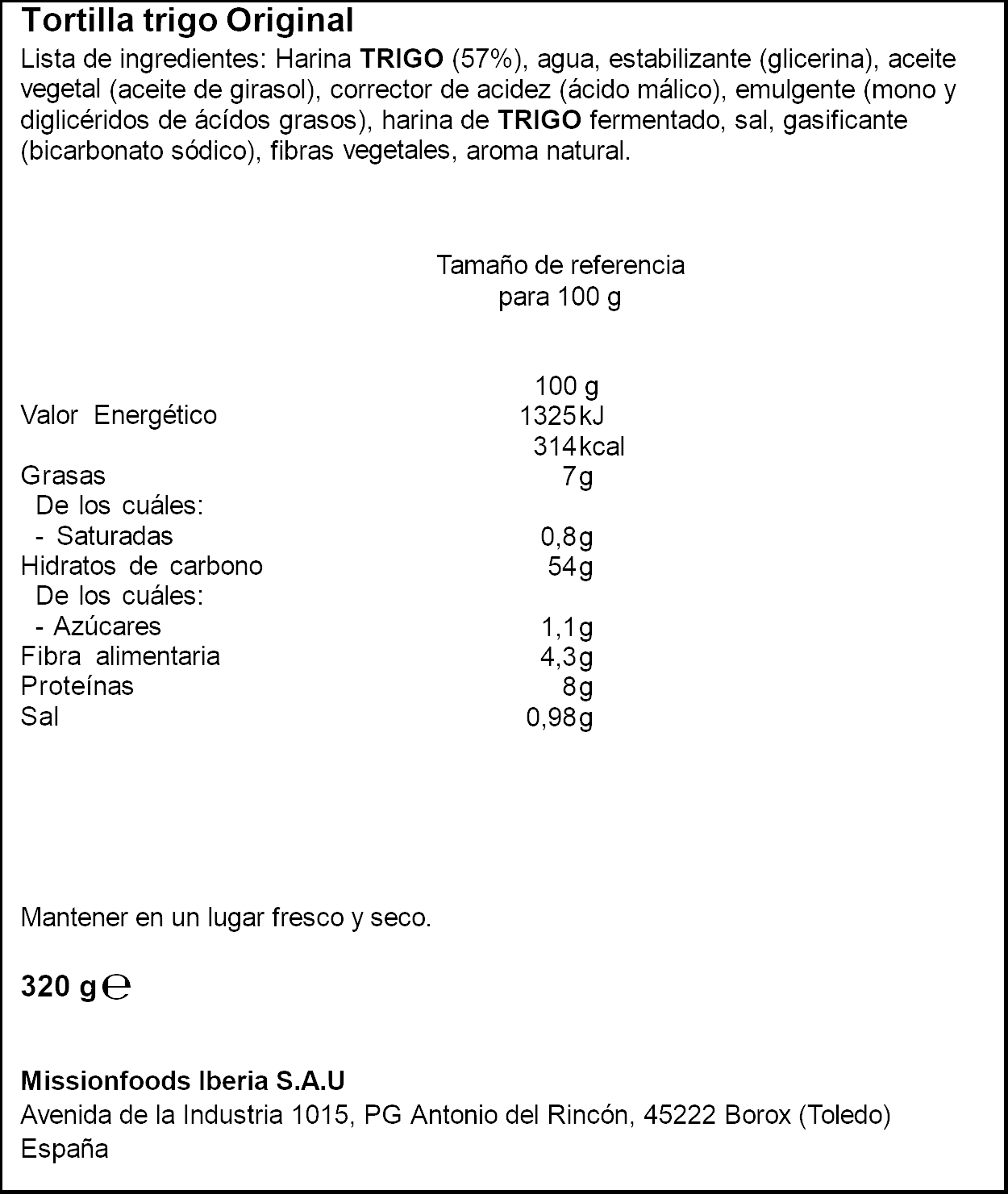 Tortilla De Trigo Mission 320G