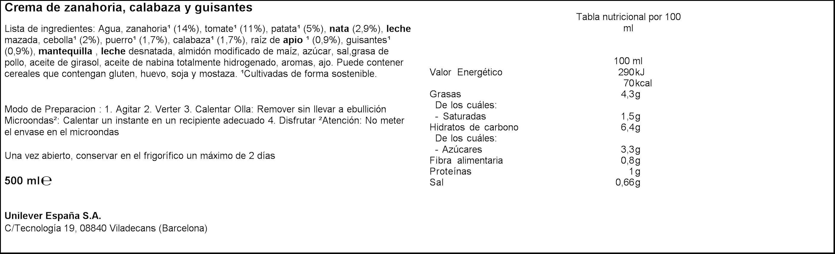 Crema con calabaza zanahoria y guisantes Knorr 500ml