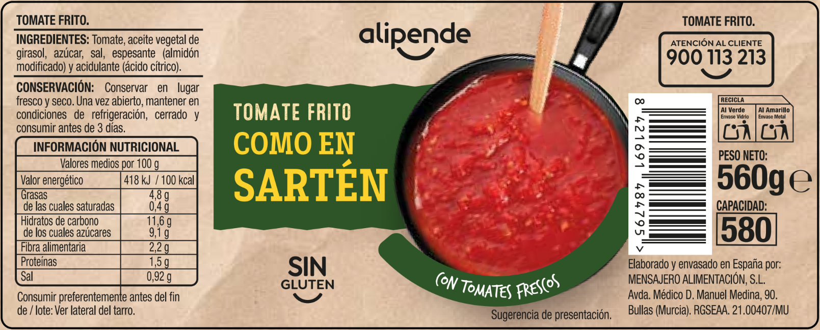 Tomate frito como en sartén sin gluten Alipende 560g
