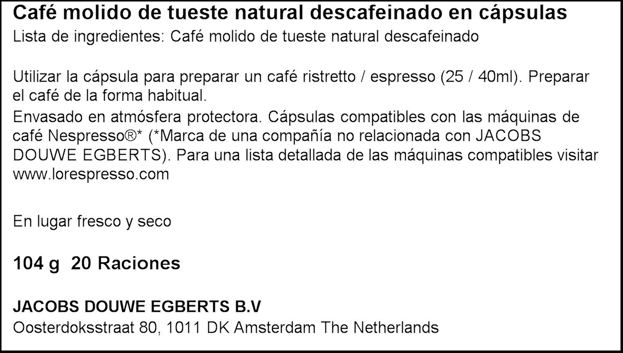 Café descafeinado ristretto intensidad 9 L&acute;or 20 caps.
