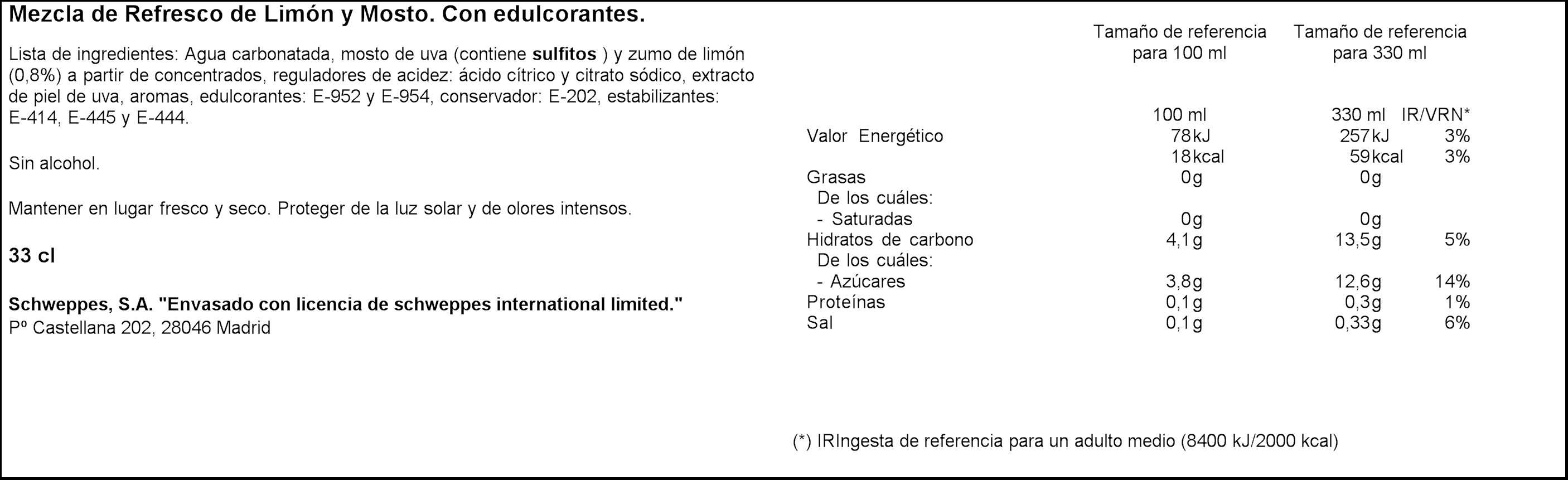 Tinto de verano sin alcohol La Casera 33cl lata limón