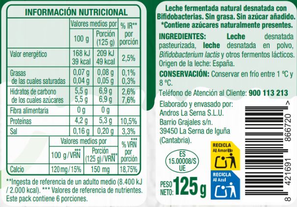 Yogur bifidus 0% natural sin grasa sin azúcar añadido Alipende 125 g
