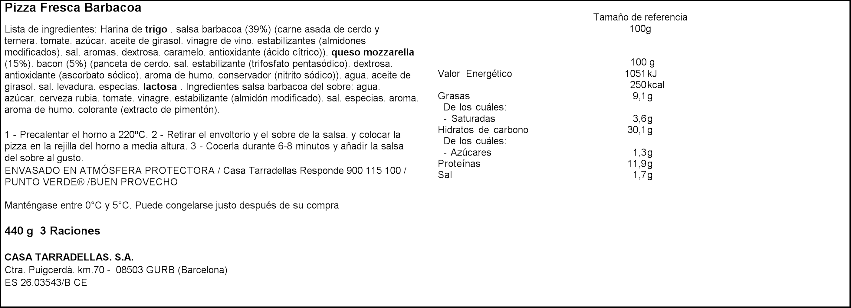 Pizza barbacoa Casa Tarradellas 440g