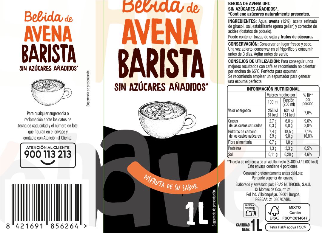 Bebida de avena barista sin azúcares añadidos Alipende 1l
